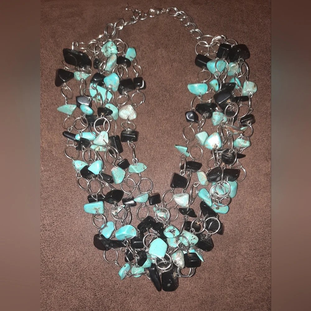 Turquoise and black genuine nugget multistrand necklace silvertone